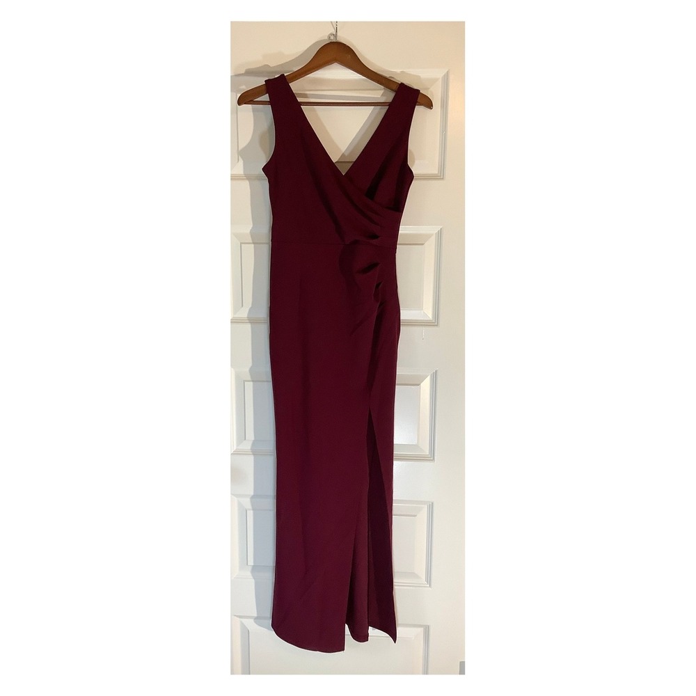 Woosea Maroon V-Neck Maxi Dress Women's‎ Small Side Slit Ruched Formal Gown NWT